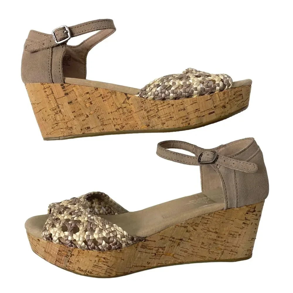 TOMS Espadrille Platform Wedges Cork Heel Tan 8